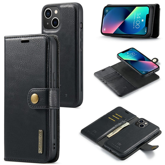 DG.MING For iPhone 15 Anti-Scratch Split Leather Wallet Stand Cover Detachable Magnetic Phone Case Shell