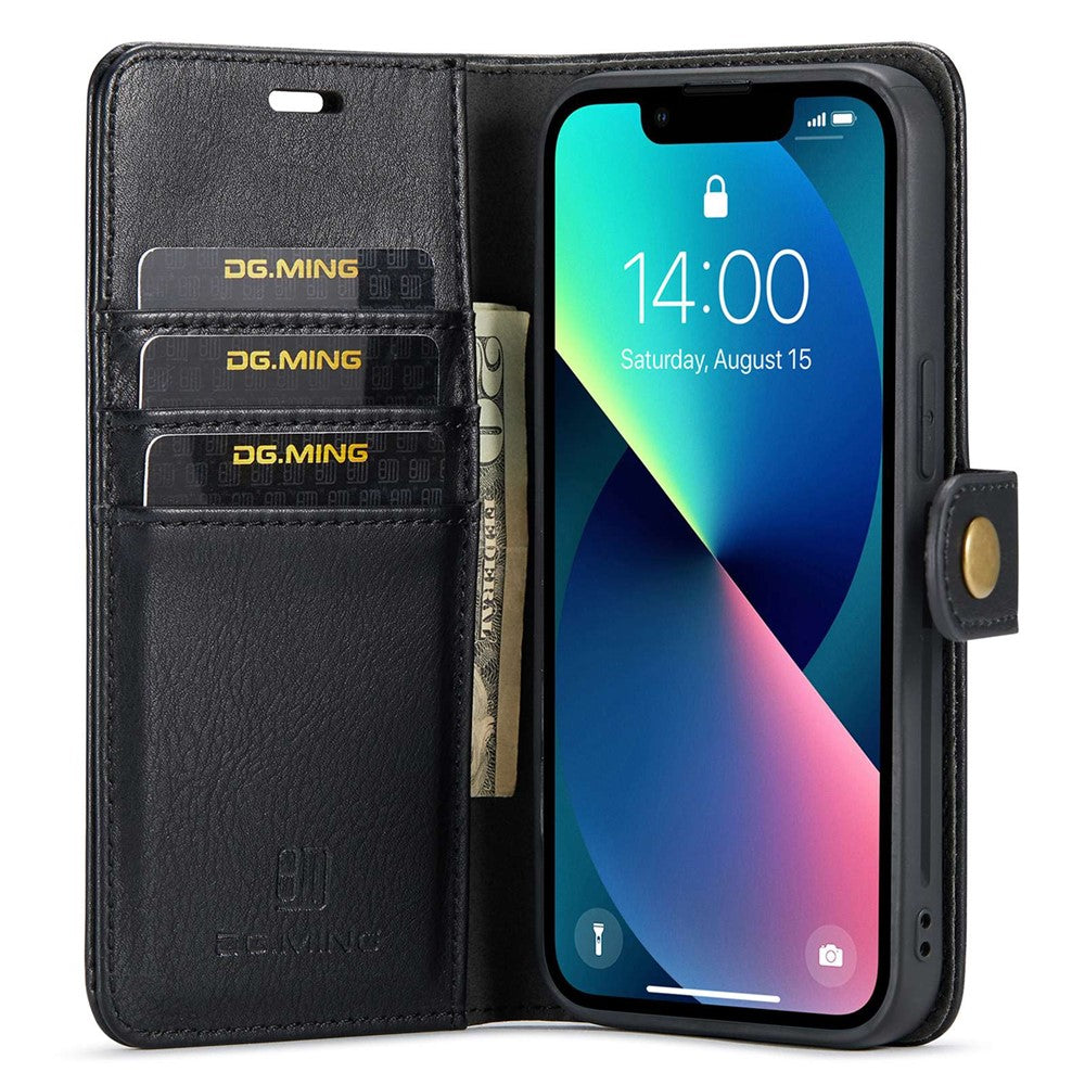DG.MING For iPhone 15 Anti-Scratch Split Leather Wallet Stand Cover Detachable Magnetic Phone Case Shell