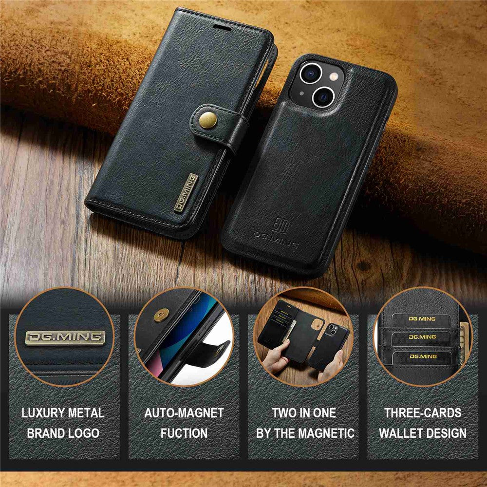DG.MING For iPhone 15 Anti-Scratch Split Leather Wallet Stand Cover Detachable Magnetic Phone Case Shell