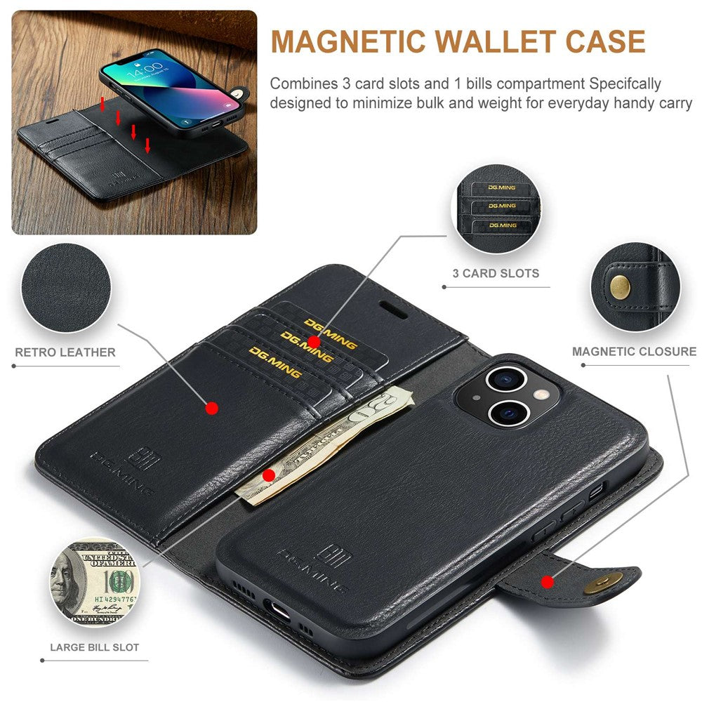 DG.MING For iPhone 15 Anti-Scratch Split Leather Wallet Stand Cover Detachable Magnetic Phone Case Shell