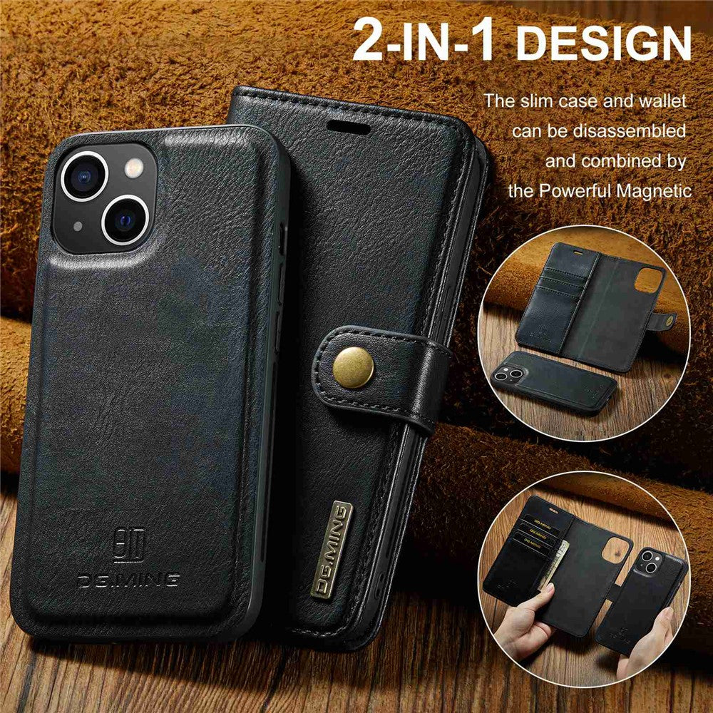 DG.MING For iPhone 15 Anti-Scratch Split Leather Wallet Stand Cover Detachable Magnetic Phone Case Shell