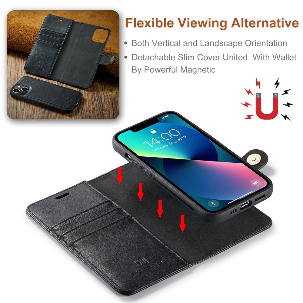 DG.MING For iPhone 15 Anti-Scratch Split Leather Wallet Stand Cover Detachable Magnetic Phone Case Shell