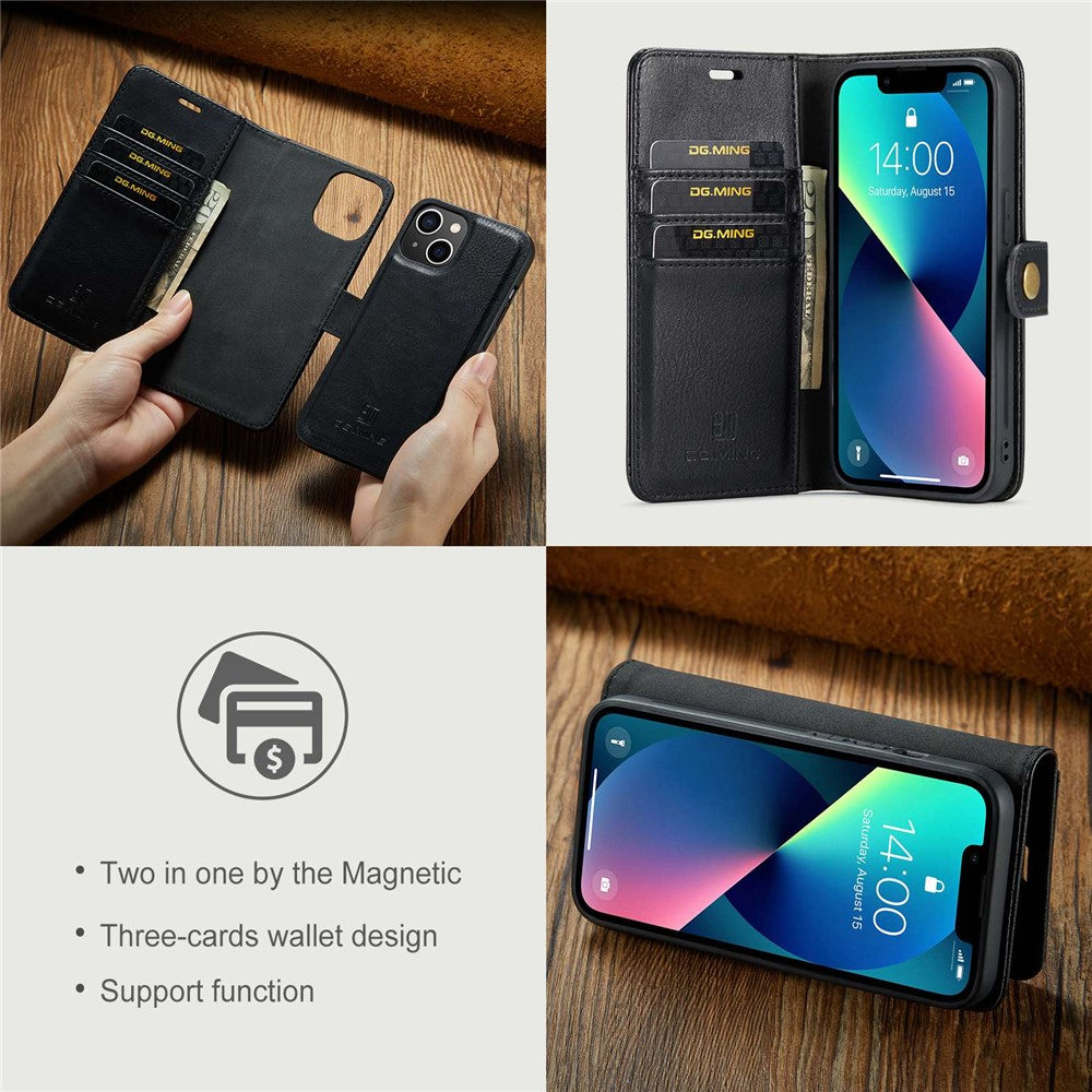 DG.MING For iPhone 15 Anti-Scratch Split Leather Wallet Stand Cover Detachable Magnetic Phone Case Shell