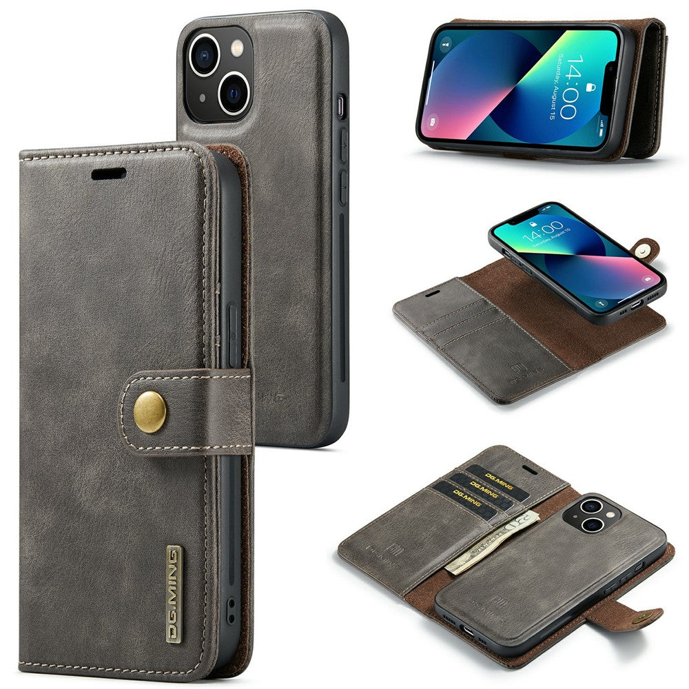 DG.MING For iPhone 15 Anti-Scratch Split Leather Wallet Stand Cover Detachable Magnetic Phone Case Shell