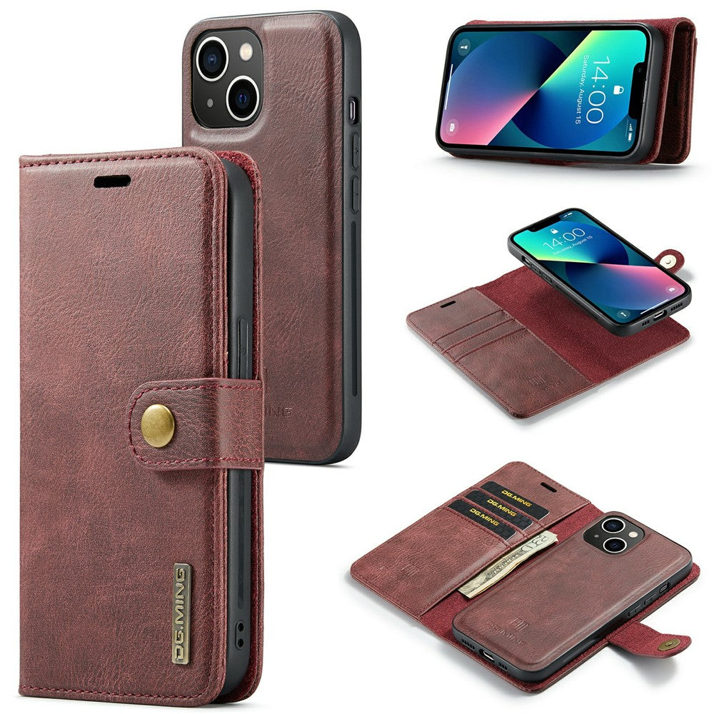 DG.MING For iPhone 15 Anti-Scratch Split Leather Wallet Stand Cover Detachable Magnetic Phone Case Shell