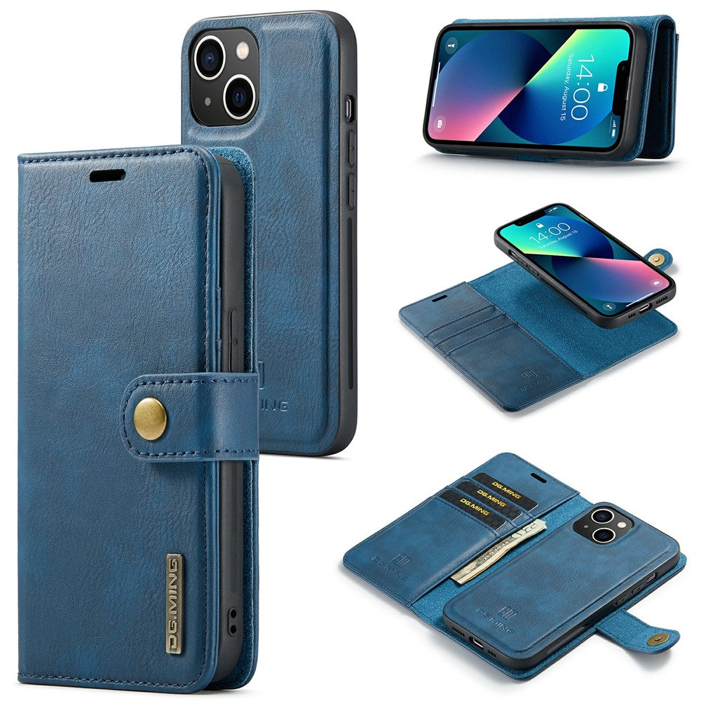DG.MING For iPhone 15 Anti-Scratch Split Leather Wallet Stand Cover Detachable Magnetic Phone Case Shell