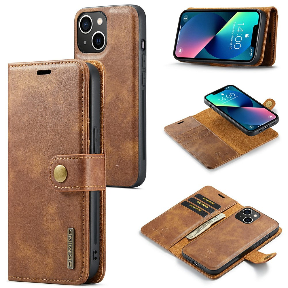 DG.MING For iPhone 15 Anti-Scratch Split Leather Wallet Stand Cover Detachable Magnetic Phone Case Shell