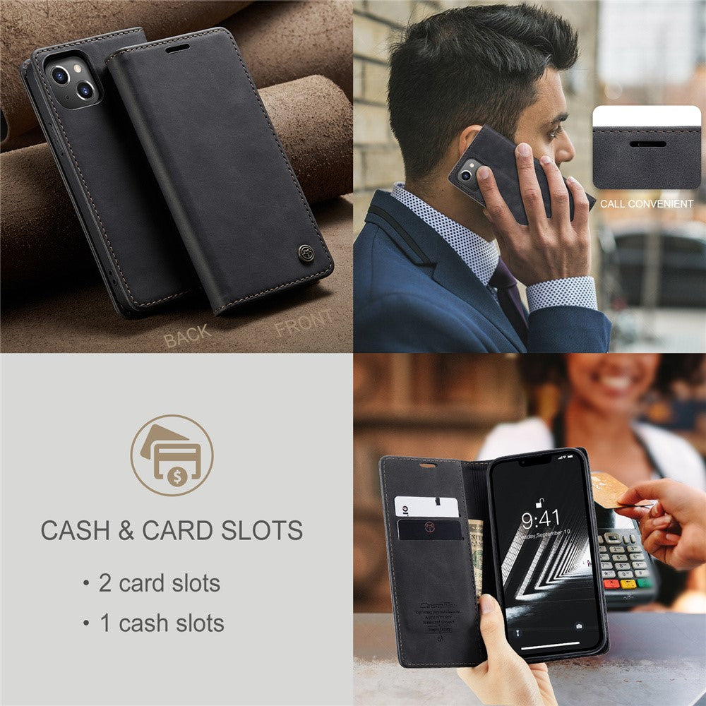 CASEME 013 Series For iPhone 15 Leather Wallet Phone Case Flip Stand Drop-proof Cover