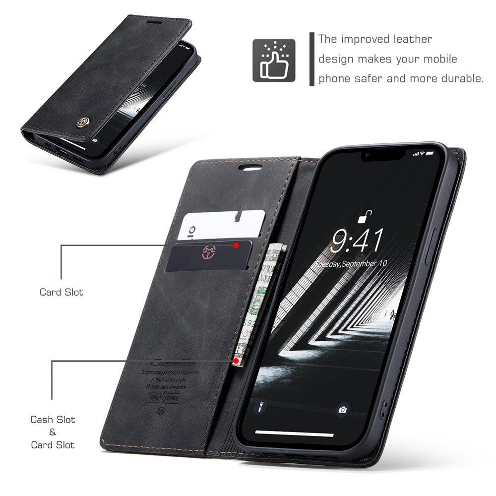CASEME 013 Series For iPhone 15 Leather Wallet Phone Case Flip Stand Drop-proof Cover