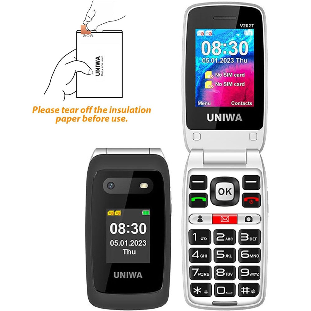 UNIWA V202T 1.77-Zoll 4G Klapphandy mit Dual-SIM, UKW, SOS und Taschenlampe – Extra lange Standby-Zeit