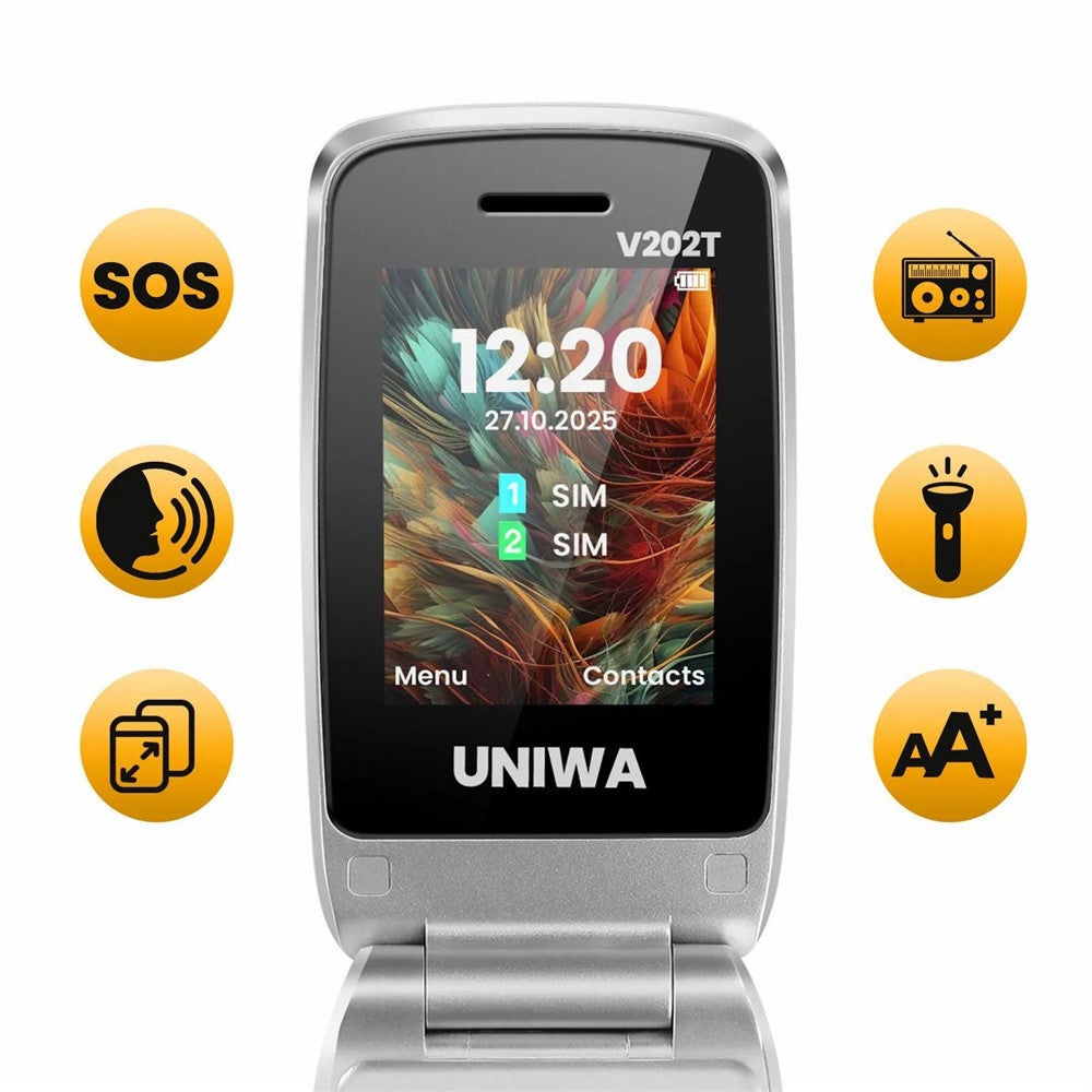 UNIWA V202T 1.77-Zoll 4G Klapphandy mit Dual-SIM, UKW, SOS und Taschenlampe – Extra lange Standby-Zeit