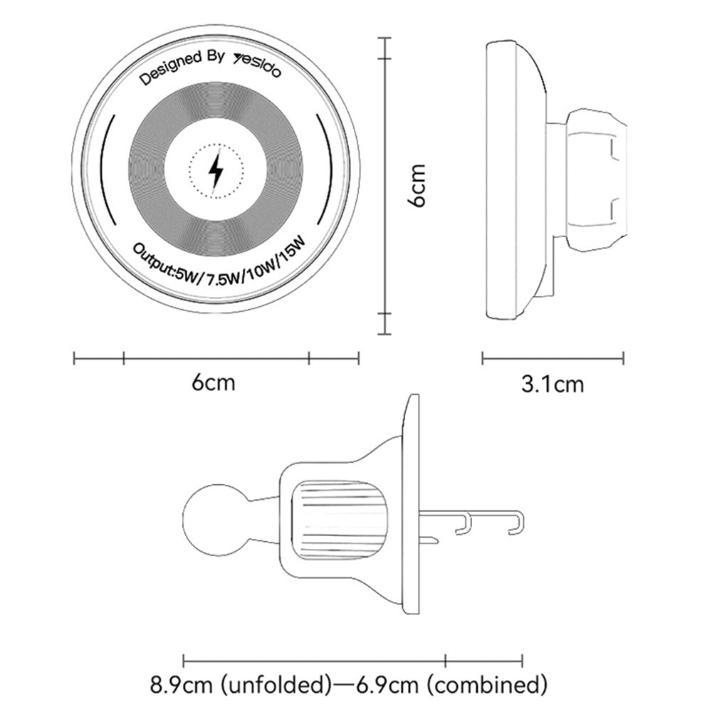 YESIDO C308 Magnetische Handyhalterung mit 15W kabellosem Ladegerät für Lüftungsauslass