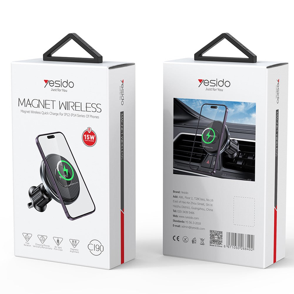 YESIDO C190 Auto Magnetische Wireless Charger Ladehalterung Lüftung 15W Schnellladung