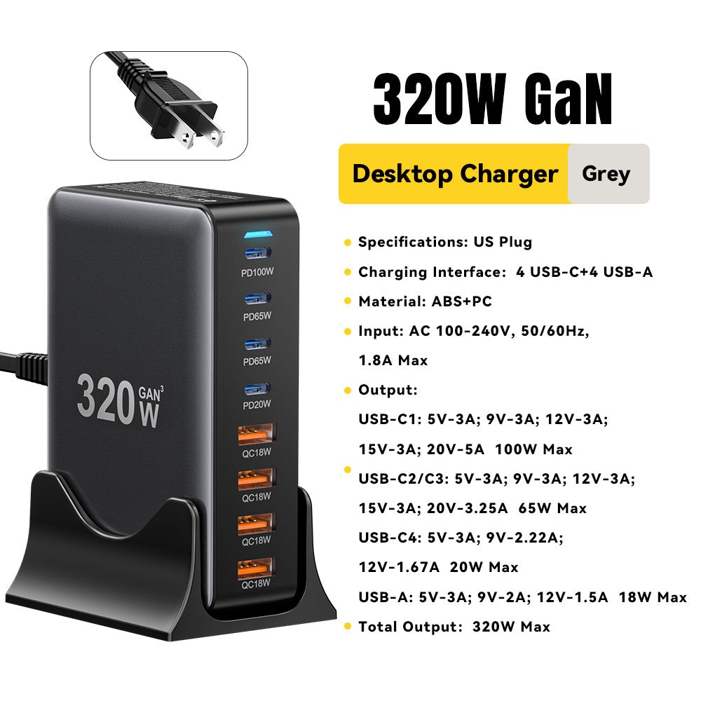 ESSAGER 320W GaN 4 USB + 4 Typ-C Desktop-Ladegerät