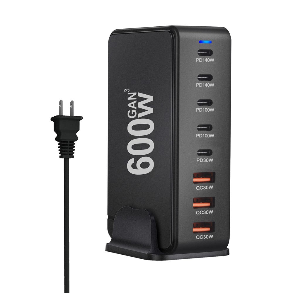 600W GaN Desktop Charger Type-C + USB-A 8-Port Fast Charging Station for Laptops Tablets Smartphones