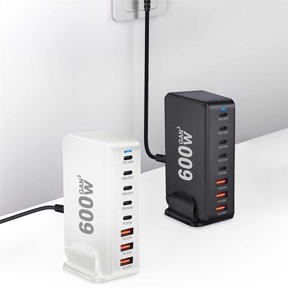 600W GaN Desktop Charger Type-C + USB-A 8-Port Fast Charging Station for Laptops Tablets Smartphones
