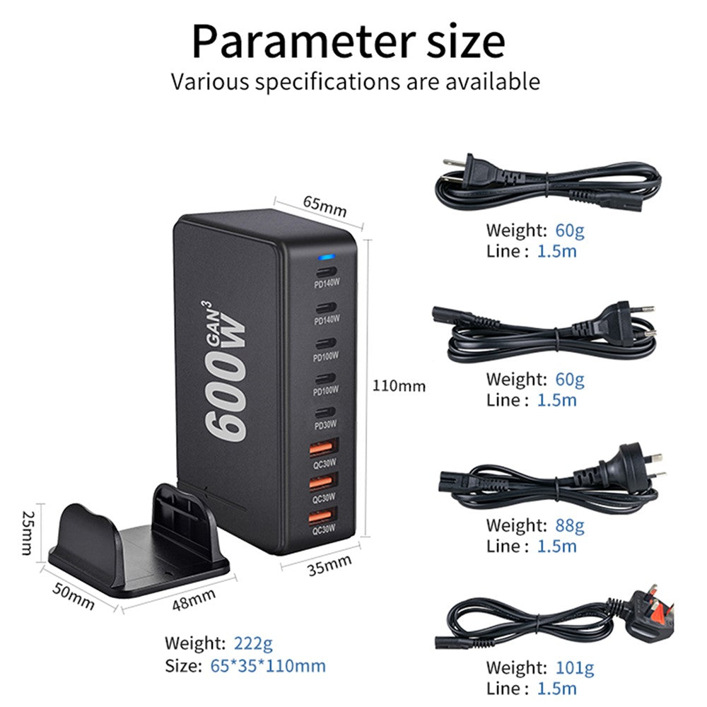 600W GaN Desktop Charger Type-C + USB-A 8-Port Fast Charging Station for Laptops Tablets Smartphones