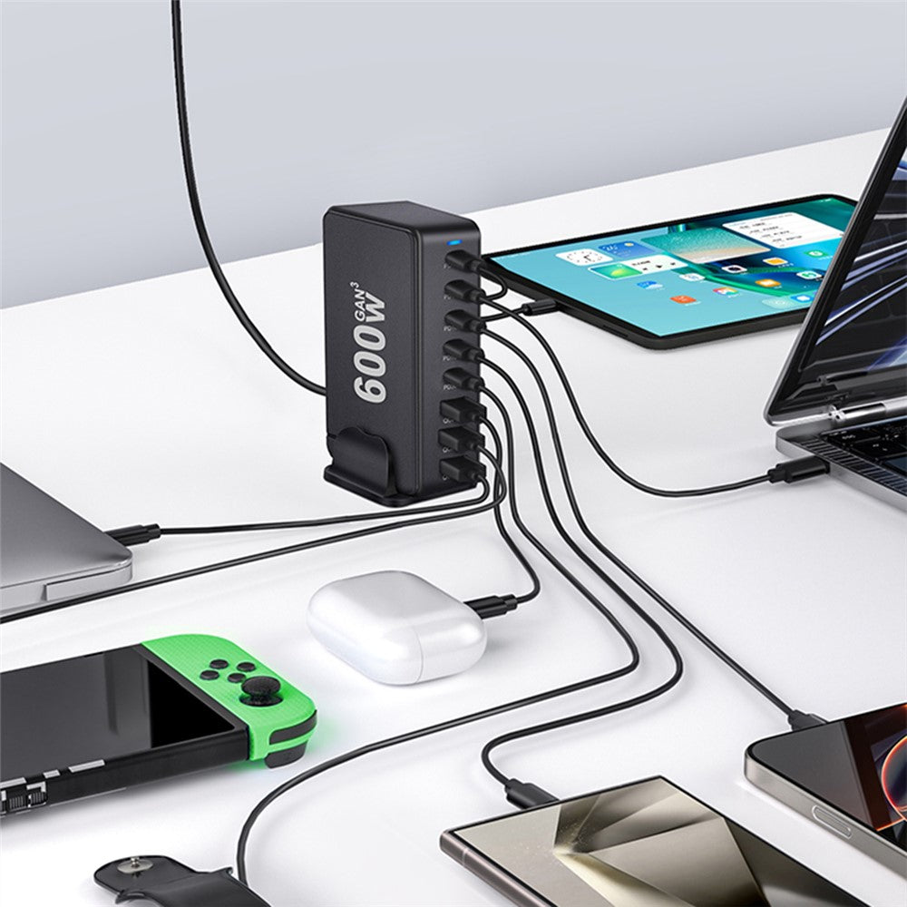 600W GaN Desktop Charger Type-C + USB-A 8-Port Fast Charging Station for Laptops Tablets Smartphones