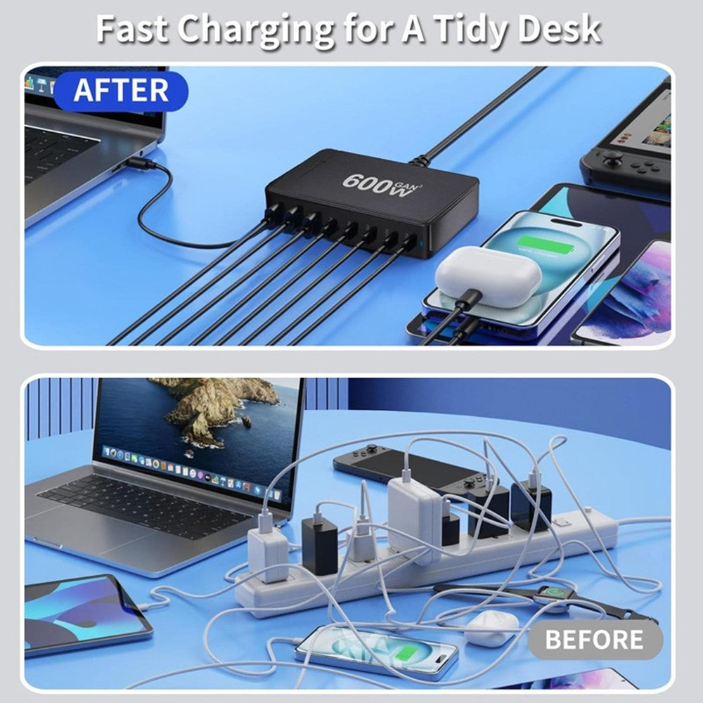 600W GaN Desktop Charger Type-C + USB-A 8-Port Fast Charging Station for Laptops Tablets Smartphones