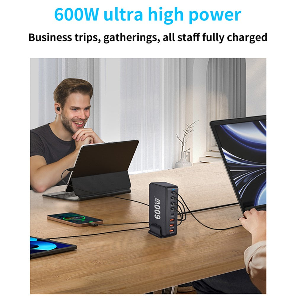 600W GaN Desktop Charger Type-C + USB-A 8-Port Fast Charging Station for Laptops Tablets Smartphones