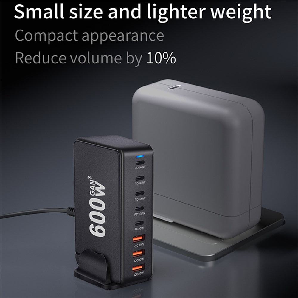 600W GaN Desktop Charger Type-C + USB-A 8-Port Fast Charging Station for Laptops Tablets Smartphones