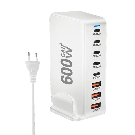 600W GaN Desktop Charger Type-C + USB-A 8-Port Fast Charging Station for Laptops Tablets Smartphones