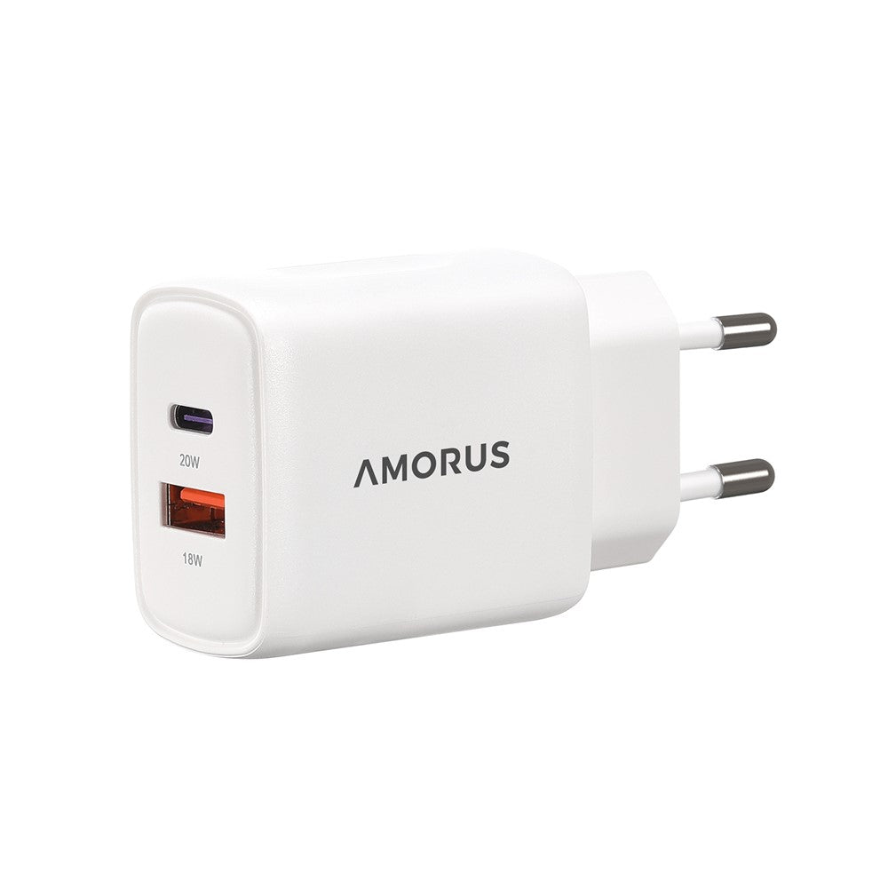 AMORUS PD 20W USB-C + 18W USB-A Schnellladegerät Dual Port Smart Netzteil, EU Stecker