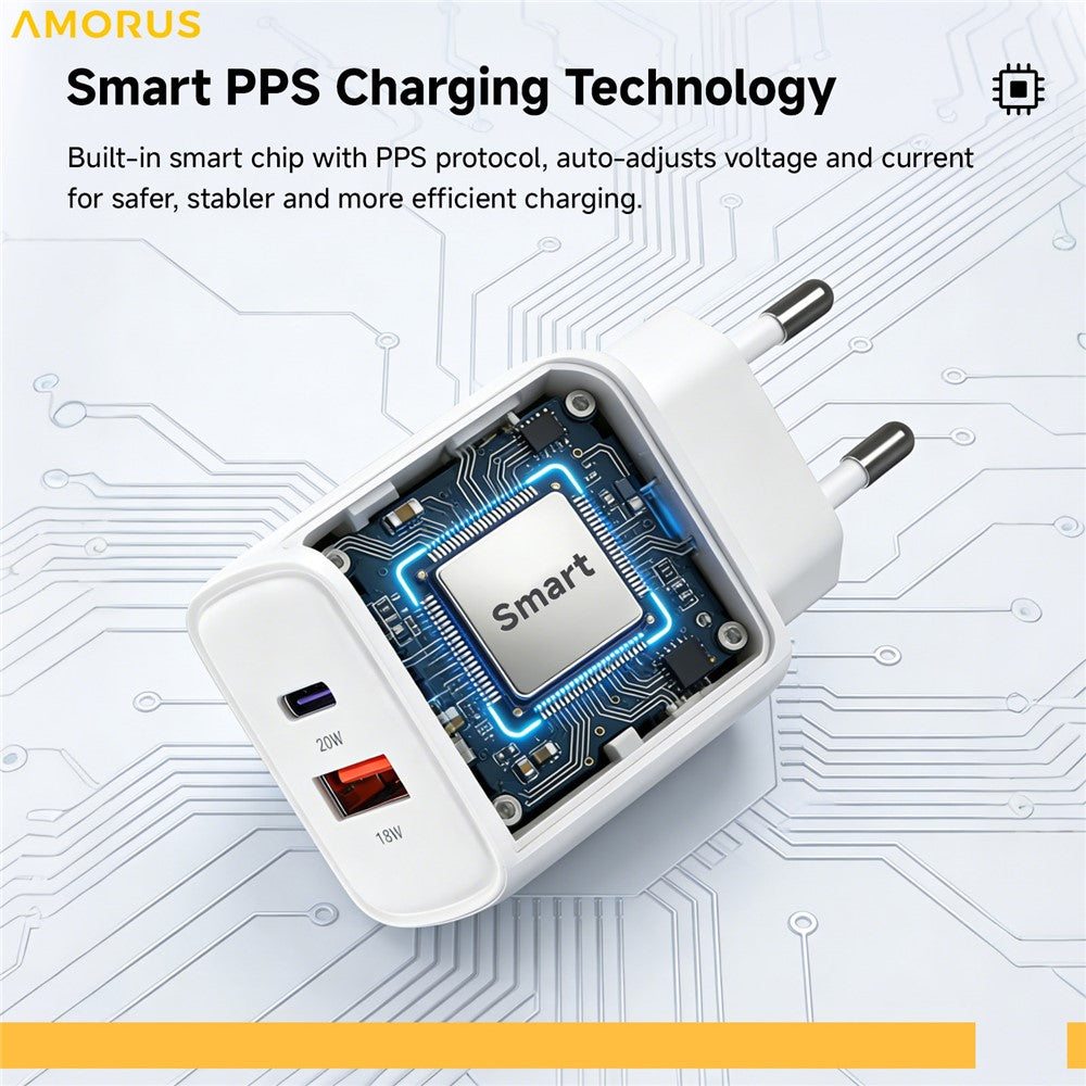 AMORUS PD 20W USB-C + 18W USB-A Schnellladegerät Dual Port Smart Netzteil, EU Stecker