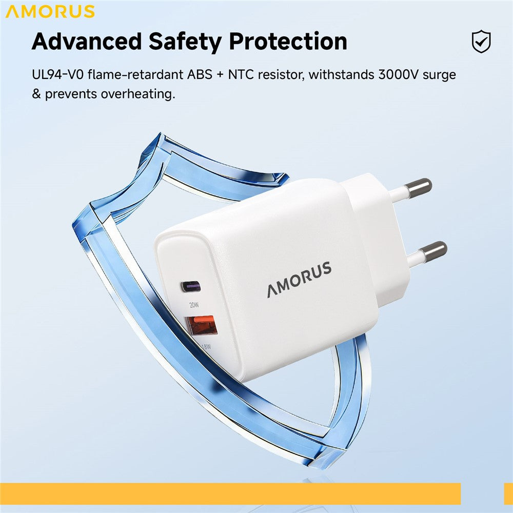 AMORUS PD 20W USB-C + 18W USB-A Schnellladegerät Dual Port Smart Netzteil, EU Stecker