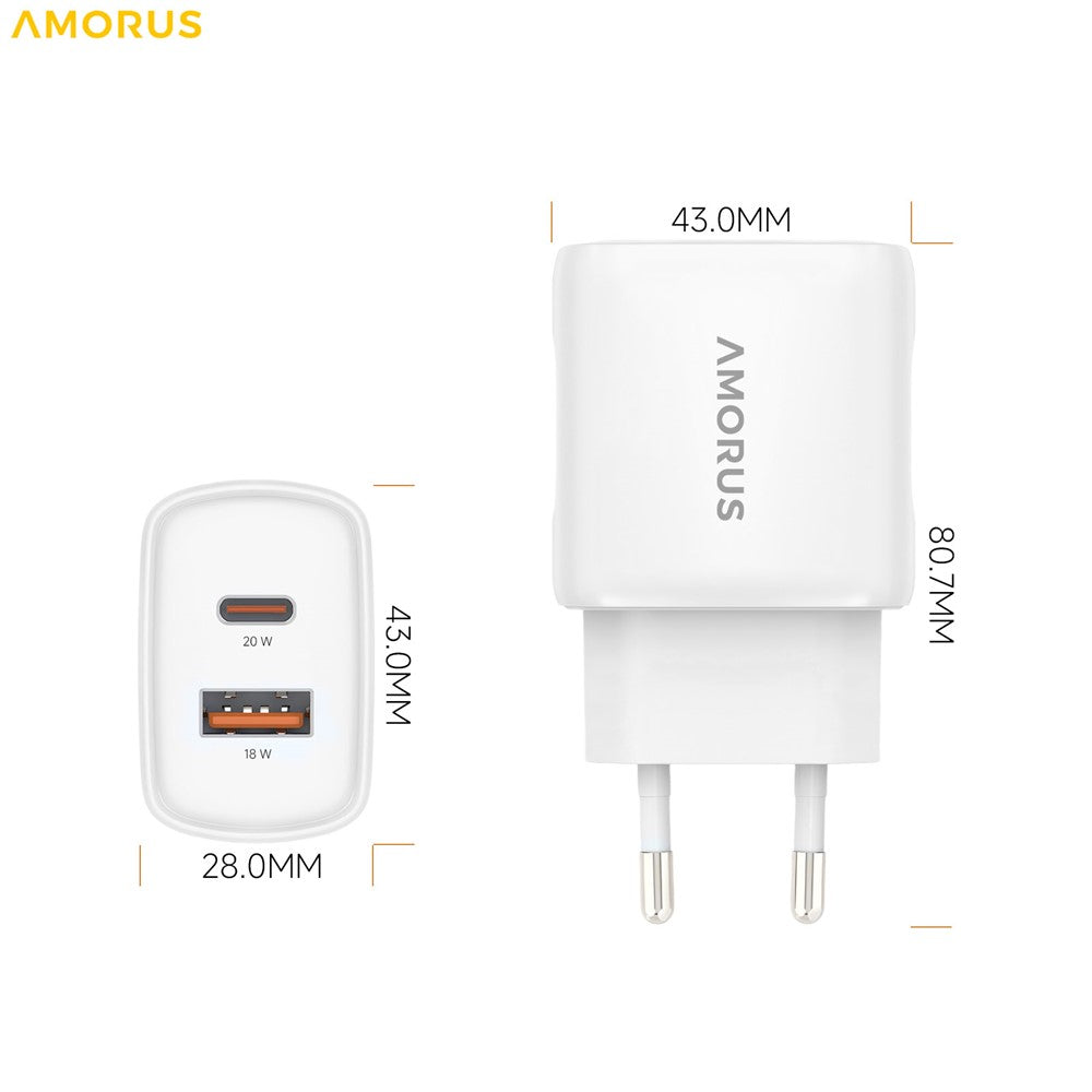 AMORUS PD 20W USB-C + 18W USB-A Schnellladegerät Dual Port Smart Netzteil, EU Stecker