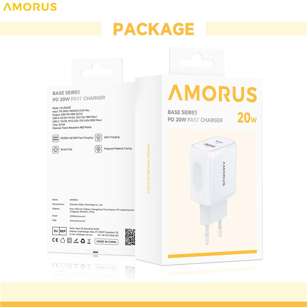 AMORUS PD 20W USB-C + 18W USB-A Schnellladegerät Dual Port Smart Netzteil, EU Stecker