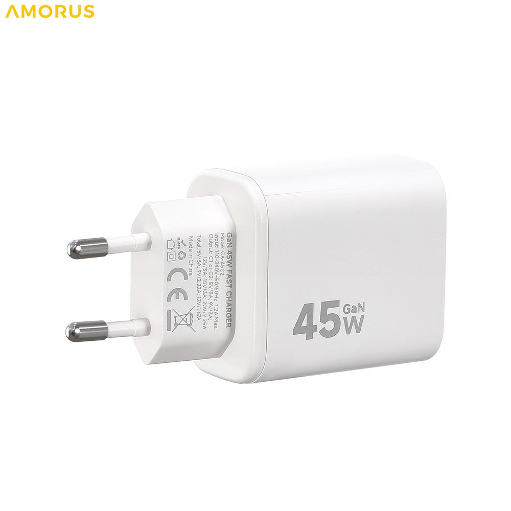 AMORUS Dual USB-C GaN Netzteil: 45W Schnellladung für iPhone, MacBook, iPad | EU Stecker