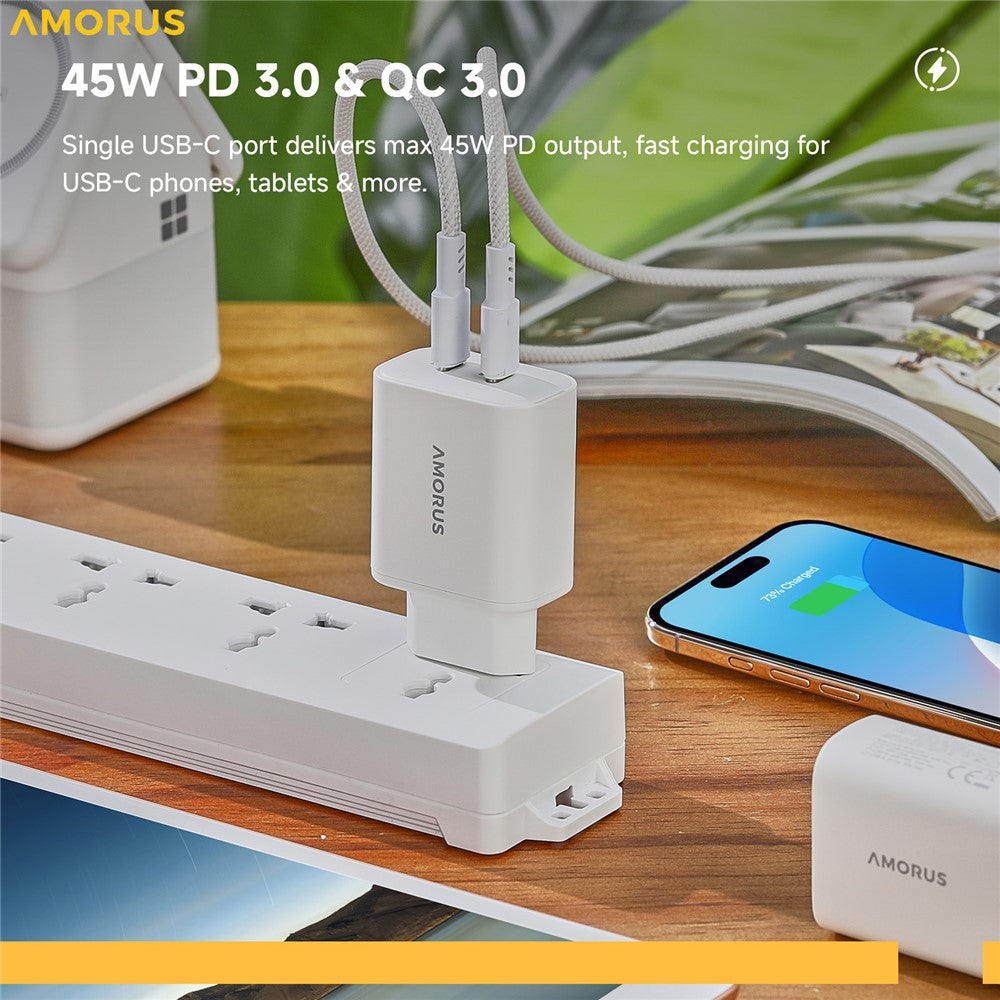 AMORUS Dual USB-C GaN Netzteil: 45W Schnellladung für iPhone, MacBook, iPad | EU Stecker
