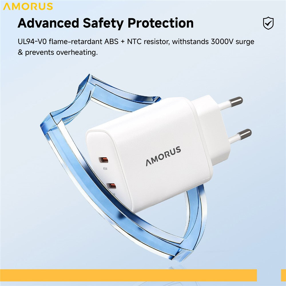 AMORUS Dual USB-C GaN Netzteil: 45W Schnellladung für iPhone, MacBook, iPad | EU Stecker