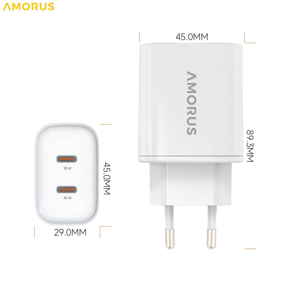 AMORUS Dual USB-C GaN Netzteil: 45W Schnellladung für iPhone, MacBook, iPad | EU Stecker