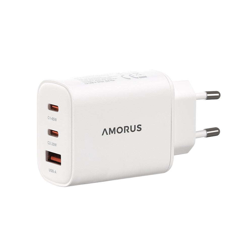 AMORUS PD 65W Schnellladegerät USB-A + 2x Typ-C GaN Netzteil für Laptop/Smartphone/Tablet, EU Stecker
