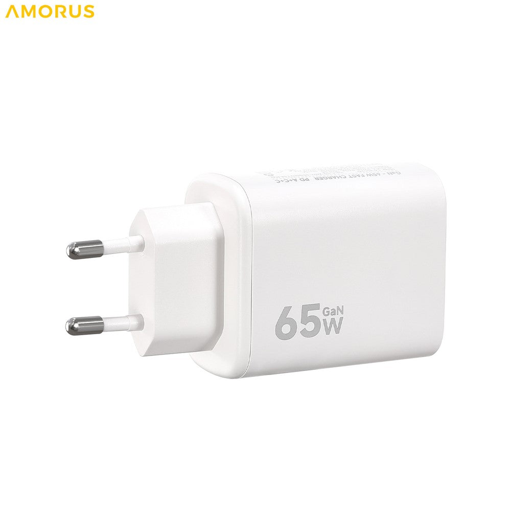 AMORUS PD 65W Schnellladegerät USB-A + 2x Typ-C GaN Netzteil für Laptop/Smartphone/Tablet, EU Stecker