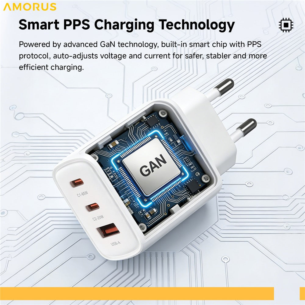 AMORUS PD 65W Schnellladegerät USB-A + 2x Typ-C GaN Netzteil für Laptop/Smartphone/Tablet, EU Stecker
