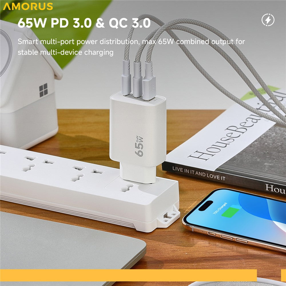 AMORUS PD 65W Schnellladegerät USB-A + 2x Typ-C GaN Netzteil für Laptop/Smartphone/Tablet, EU Stecker