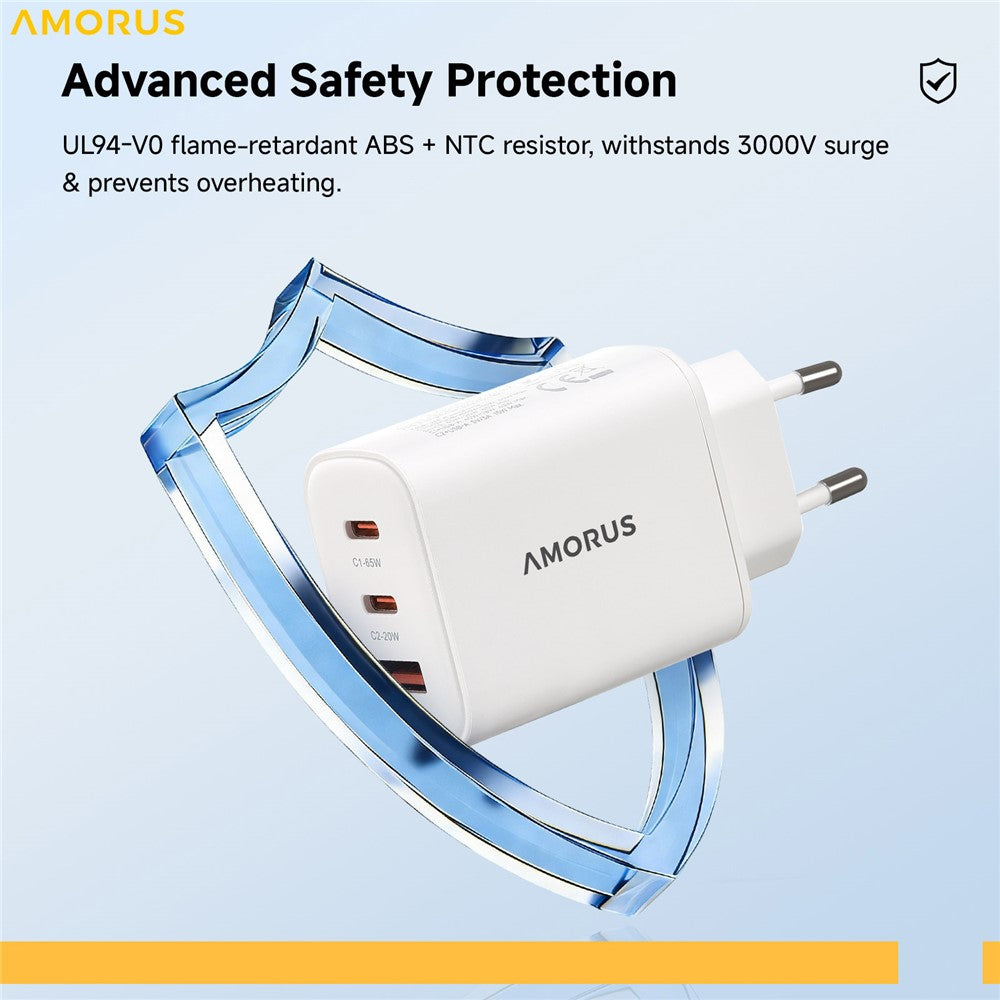 AMORUS PD 65W Schnellladegerät USB-A + 2x Typ-C GaN Netzteil für Laptop/Smartphone/Tablet, EU Stecker