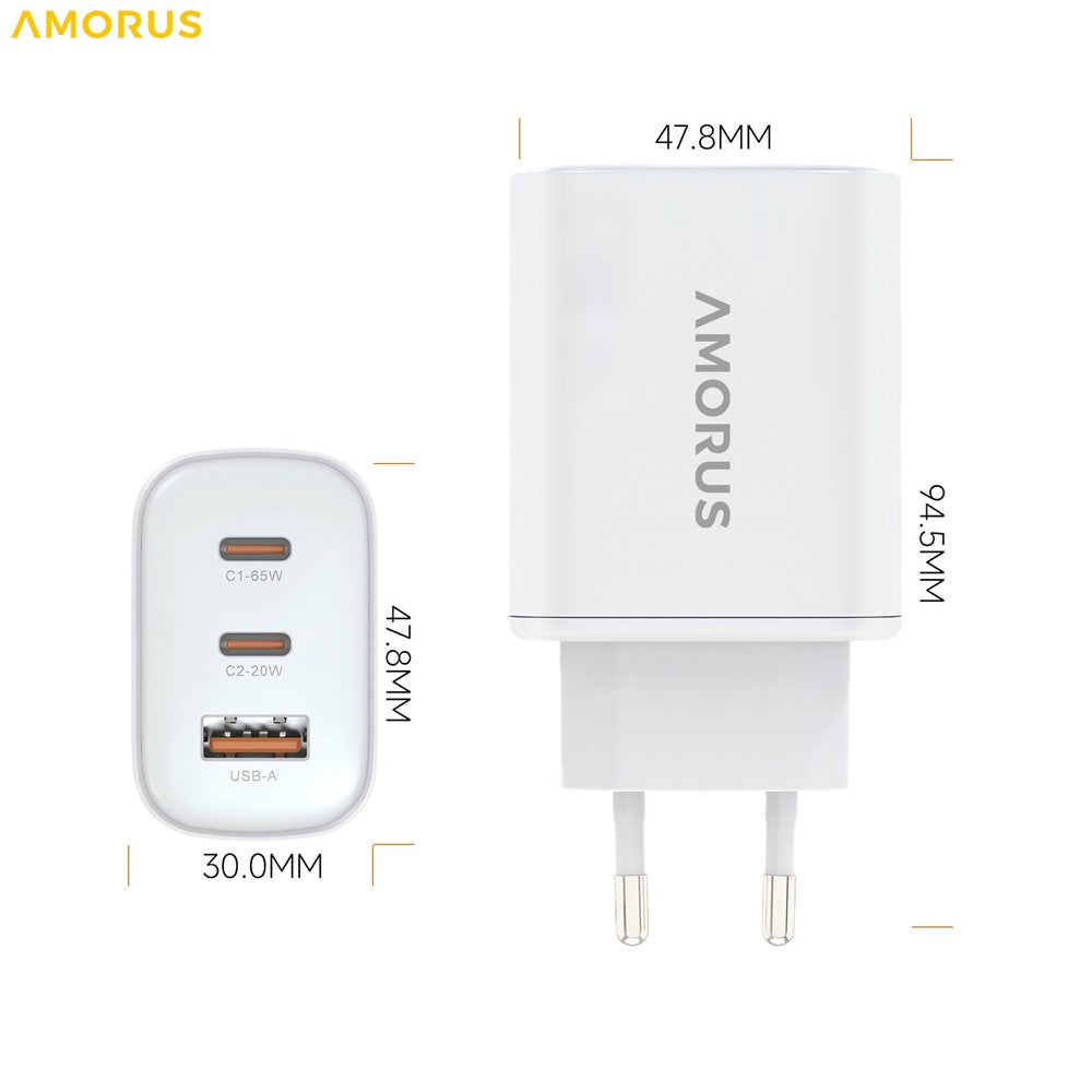 AMORUS PD 65W Schnellladegerät USB-A + 2x Typ-C GaN Netzteil für Laptop/Smartphone/Tablet, EU Stecker
