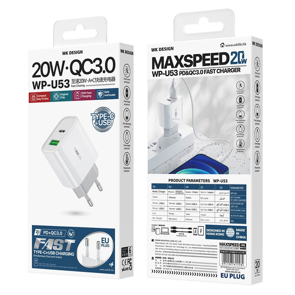 WEKOME WP-U53 20W PD Fast Charging Wall Charger USB-A + Type-C Dual Ports Travel Power Adapter