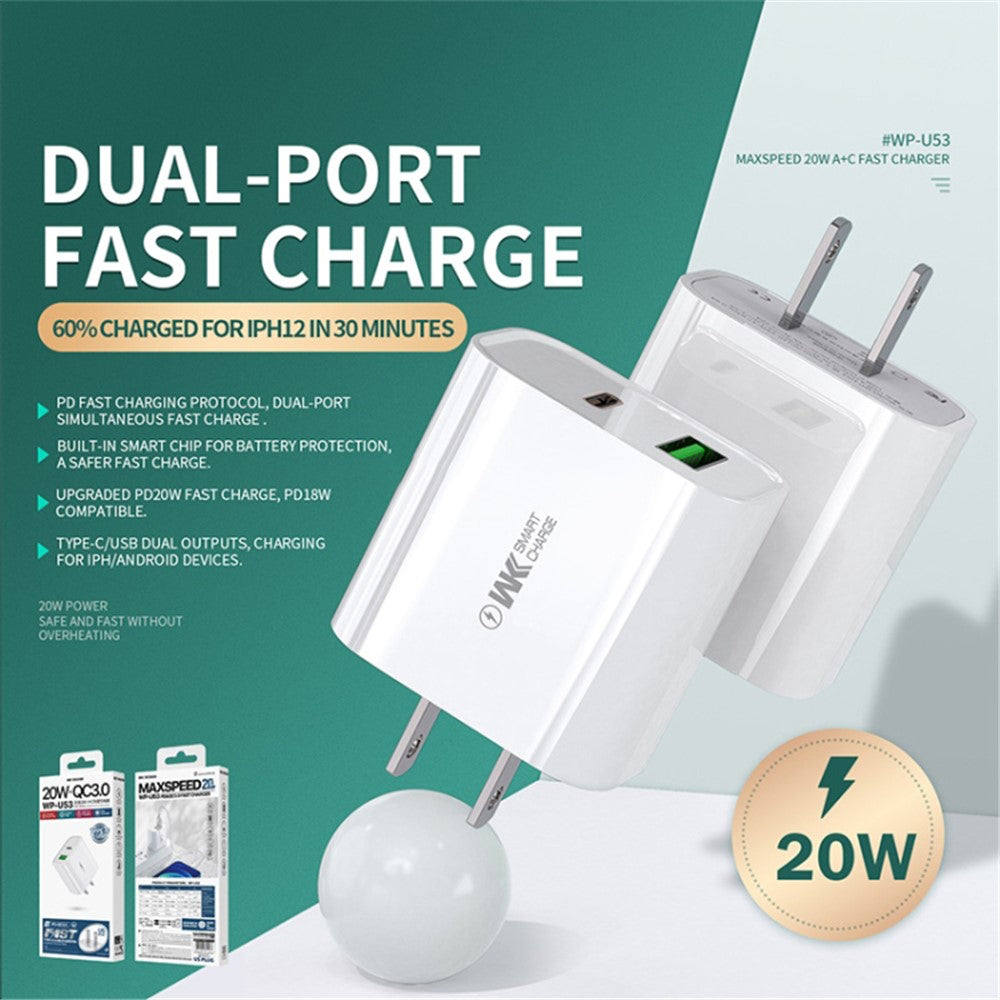 WEKOME WP-U53 20W PD Fast Charging Wall Charger USB-A + Type-C Dual Ports Travel Power Adapter