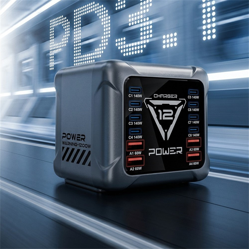 BK-127D 1200W Desktop Charging Station 12 Ports 8 USB-C  + 4 USB-A 140W Type C Fast Charging GaN Charger