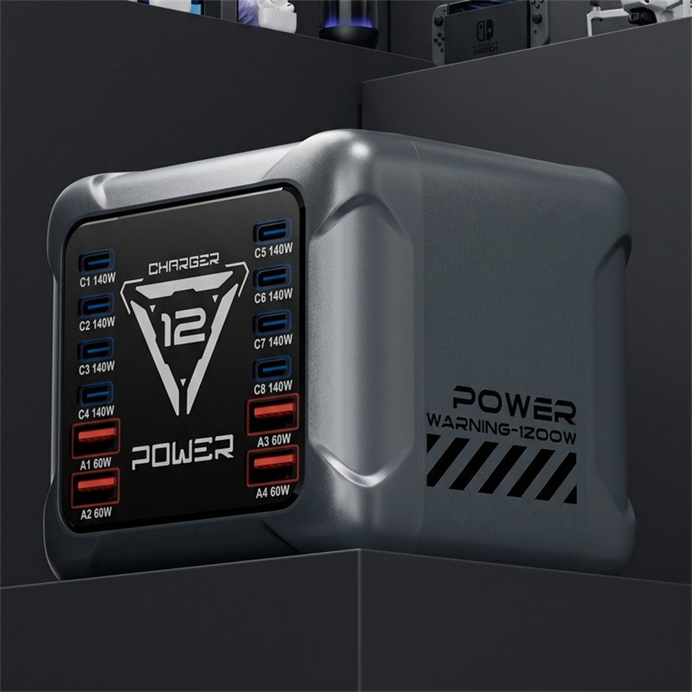 BK-127D 1200W Desktop Charging Station 12 Ports 8 USB-C  + 4 USB-A 140W Type C Fast Charging GaN Charger