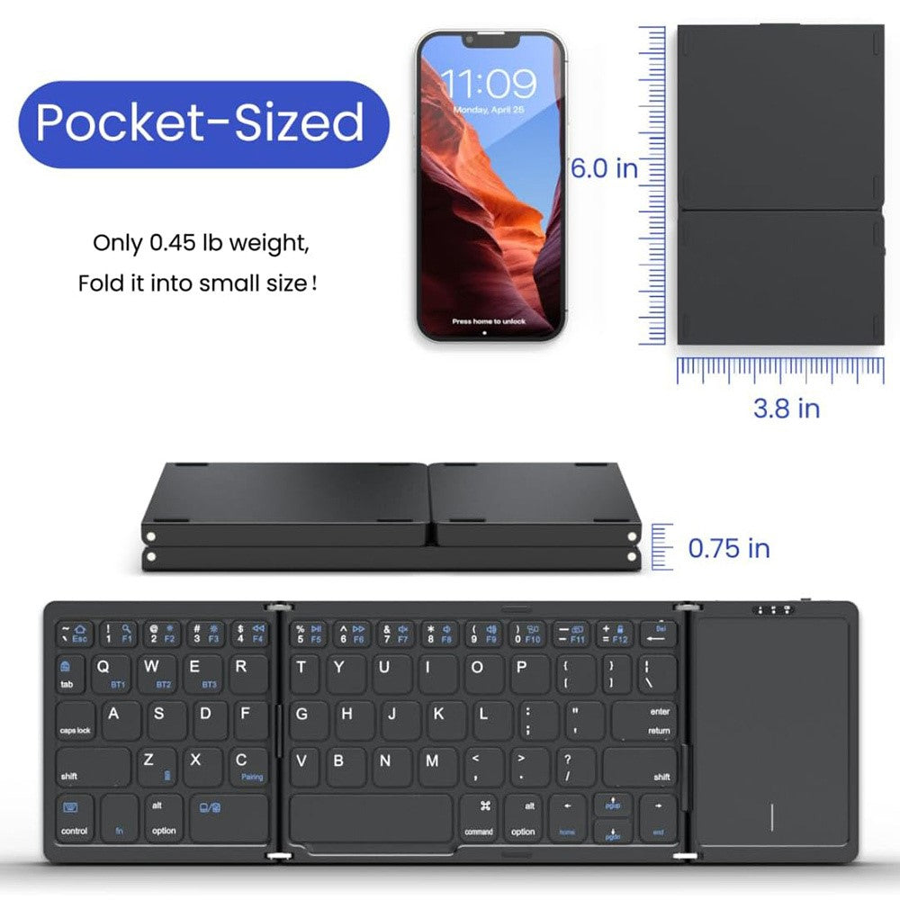 B089T Kompakte faltbare Bluetooth-Tastatur mit Touchpad & Handyhalterung