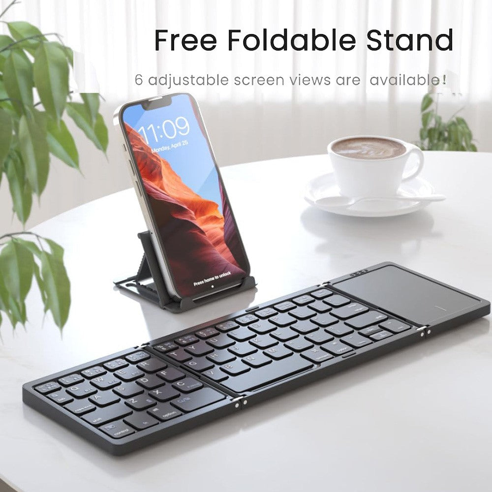 B089T Kompakte faltbare Bluetooth-Tastatur mit Touchpad & Handyhalterung