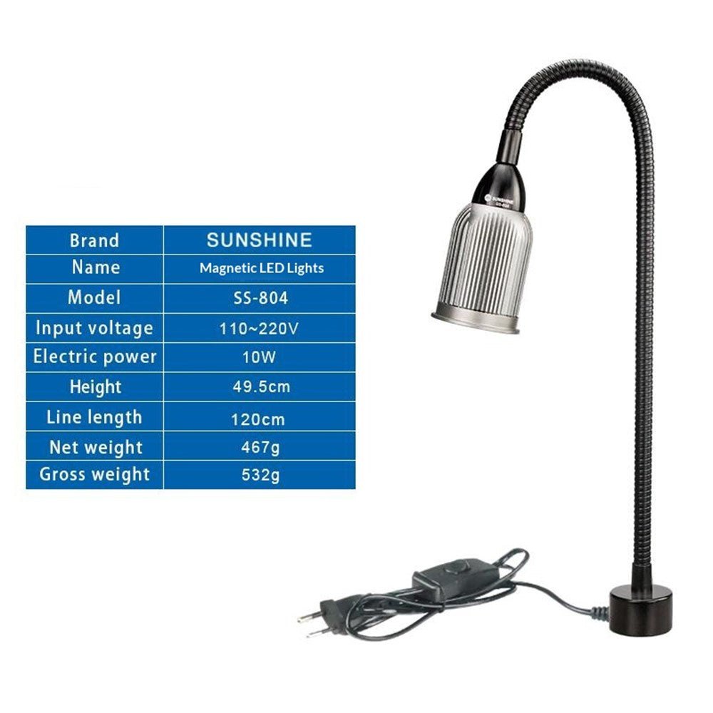 SUNSHINE SS-804 Magnetic LED Work Light 10W Aluminum Heat Dissipation Flexible Hose COB Desk Lamp for Repair
