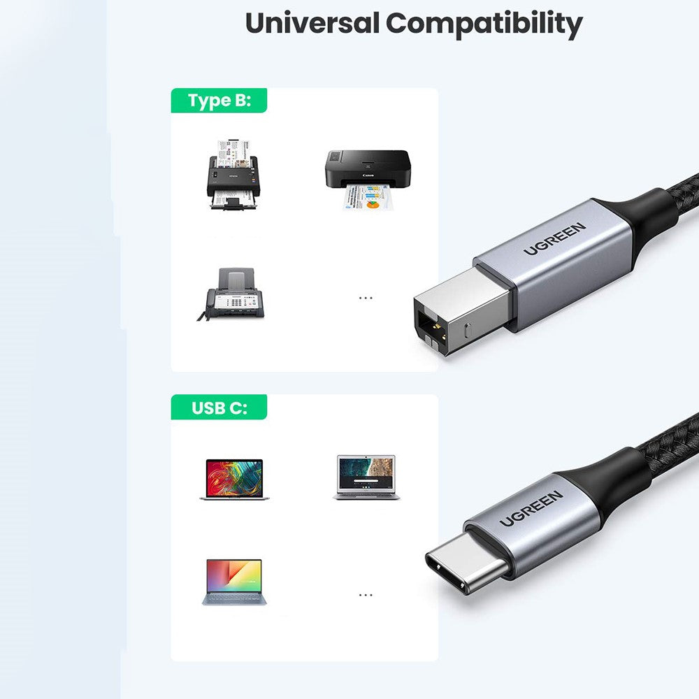 UGREEN 1.5m USB C to USB B 2.0 Nylon Braided Cable for MacBook Pro Epson HP Canon Samsung Printer