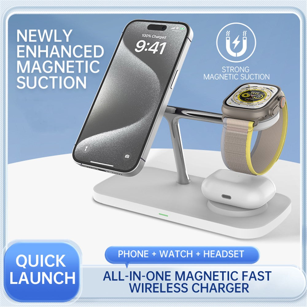 T255 Qi2 15W Magnetisches kabelloses Ladegerät für Handy, Uhr, Kopfhörer - 3in1 Desktop-Ladestation
